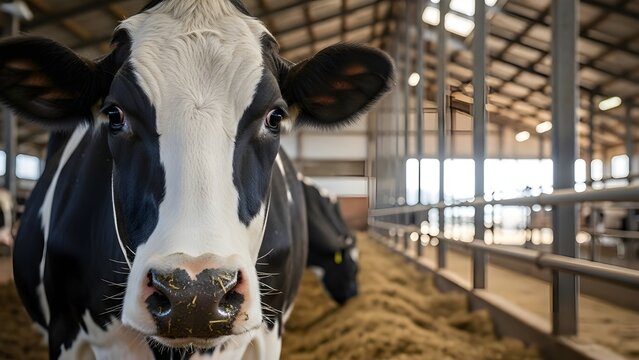 Close-up of a black and white dairy cow in a barn with hay