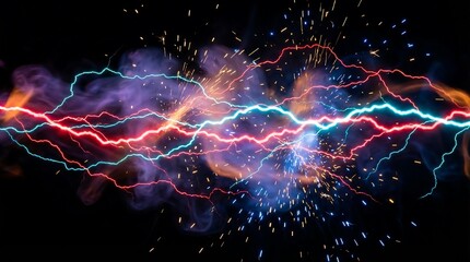 Two opposing bolts of electricity collide with vibrant energy and sparks