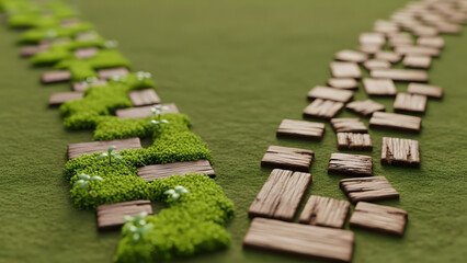 Two paths of wooden blocks with green earth aligned to one, blurred background, ethical decision concept