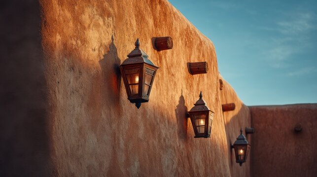 Rustic lanterns on adobe wall at sunset capturing warm desert glow.