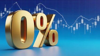 Golden 0% interest rate symbol against a financial stock market graph background