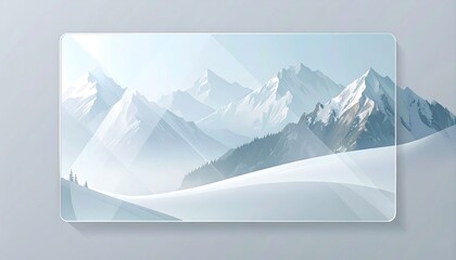 Vector illustration of a panoramic winter mountain landscape with snow-covered peaks and misty valleys.