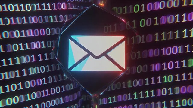 Digital envelope icon displayed over a background of flowing binary code.