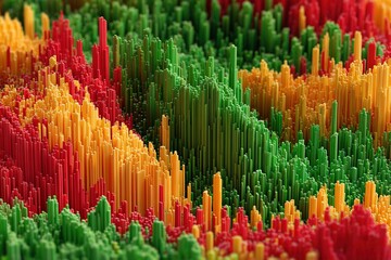 Colorful landscape of vertical lines in red, green, and yellow arranged in patterns over a surface at various heights