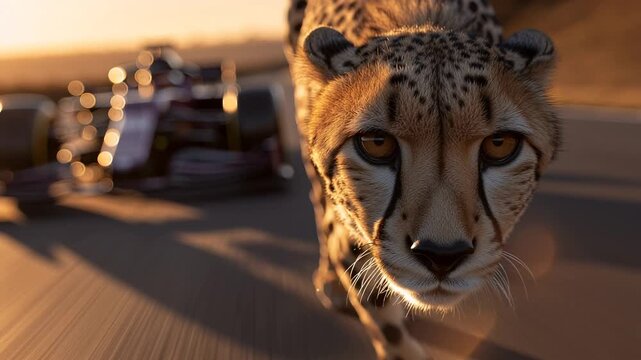 A powerful close-up of a cheetah running on a track during golden hour, with a high-performance racing car blurred in the distance to symbolize speed and power.