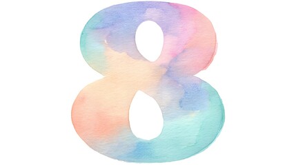 Number 8 on Pastel Watercolor Splash Background. International Women's Day or Anniversary Concept. Watercolor number “8” in pastel gradient on white background.
