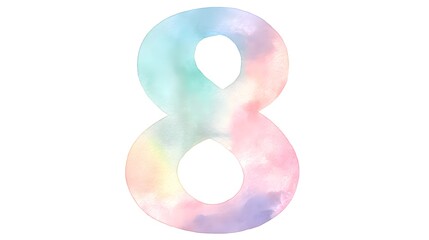 Number 8 on Pastel Watercolor Splash Background. International Women's Day or Anniversary Concept. Watercolor number “8” in pastel gradient on white background.