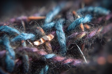 Close view of colorful threads woven together with metallic accents in a craft project during afternoon light