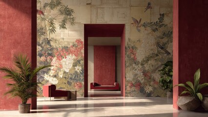 Opulent Architectural Interior with Deep Red Walls, Glossy Marble Floor, and Detailed Chinoiserie Floral and Bird Mural Wallpaper