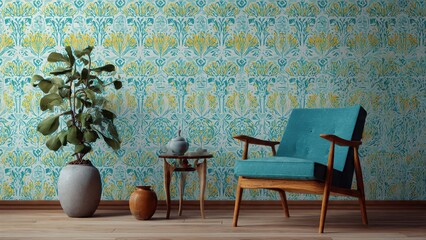 Cozy interior with Mid-Century Modern armchair, large houseplant, and maximalist floral wallpaper pattern in turquoise and yellow.