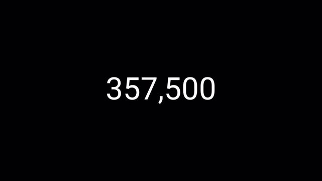 Number counter animation from zero to five hundred thousand numbers in 4k on a transparent background, 0 to 500,000 animated number counter with alpha channel best for like, views and amount concepts.