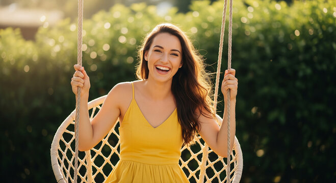 A cheerful woman in a yellow dress swinging on a garden swing, perfect for happiness concepts, summer activities, and joyful plans