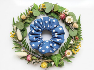 Charming blue polka dot scrunchie surrounded by a natural flower wreath