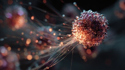 Microscopic virus structure with illuminated tendrils