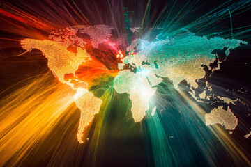 A colorful world map with vibrant light rays emanating from different continents. The map is detailed and showcases geographical features.