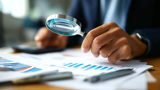 Accountants analyzing financial reports with magnifying glass document examination close up accounting and auditing tasks office financial review business tax compliance