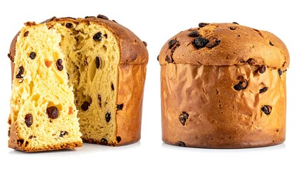 Two rustic, round baked goods with candied fruits, raisins, and a soft, airy texture