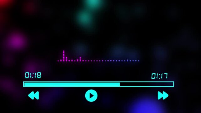 Glowing blue music player controls with animated equalizer and timer on abstract bokeh background 4k animation alpha channel