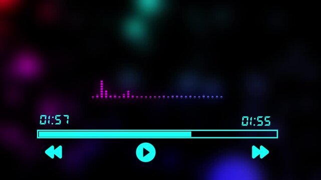 Animated digital music player interface with neon blue controls and dynamic equalizer on bokeh backdrop 4k animation alpha channel
