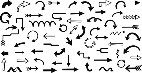 Collection of various black arrows and pointers on white background for design use