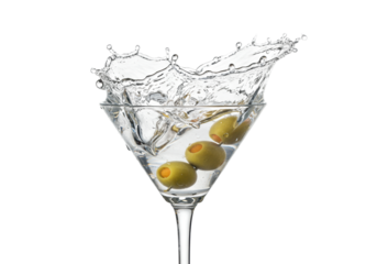 Classic martini cocktail, intensely cold with frost, three vibrant green olives mid-air causing a dynamic liquid splash, crown of droplets, transparent, concept for beverage advertising
