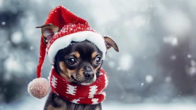 Small chihuahua wearing a festive Santa hat and patterned sweater, looking at the camera with snow in the background, capturing a warm and joyful holiday vibe.