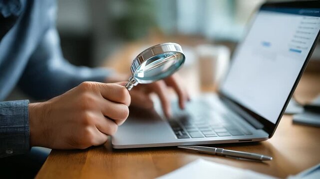 Document analysis and digital checklist interface data verification process online auditing review person examining information on laptop magnifying glass accuracy validation