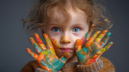 Curious young caucasian girl with colorful paint-covered hands and face.