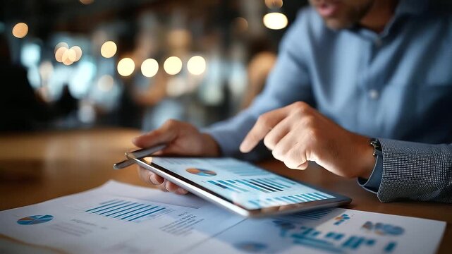Businessman using tablet analyzing audit reports financial discrepancy tracking compliance ensuring process risk management optimization audit findings evaluation strategic