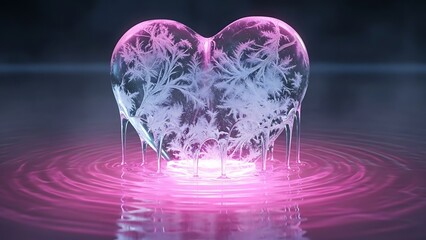 A glowing heart-shaped crystal with frosty patterns and dripping icicles floating above rippling pink water illuminated by a mysterious light