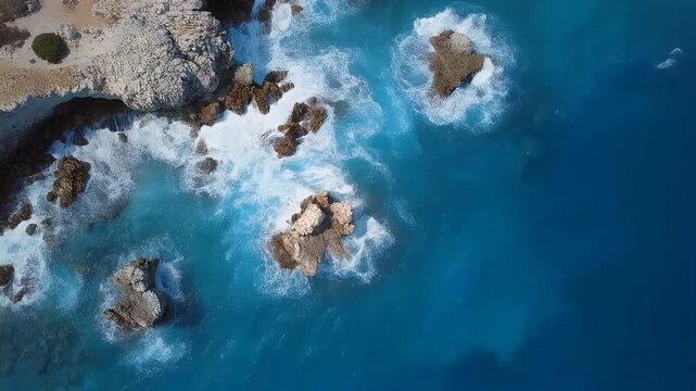 Aerial view of vibrant blue ocean waves crashing against a rugged, arid coastline.