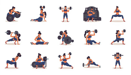 health A vector graphic illustration of a woman performing various exercises with dumbbells in a modern fitness setting