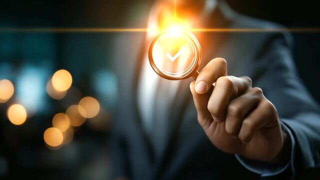 Businessman focusing on audit checklist visualization magnifying glass icon interface examination compliance verification process quality assessment review inspection accuracy