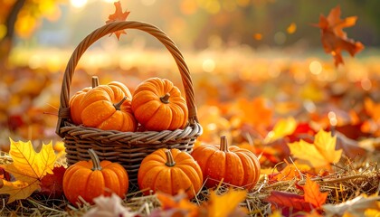 Sunny autumn scene featuring pumpkins inside and outside a basket on fallen leaves