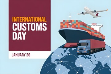 International customs day january 26 celebrating global trade logistics and transportation with cargo ship airplane and truck on earth