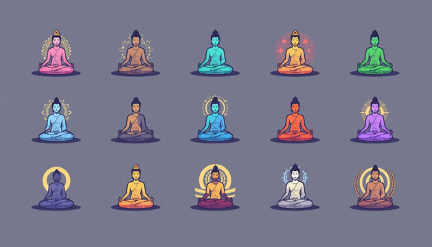 health A colorful vector graphic illustration of multiple Buddha icons in various meditation poses