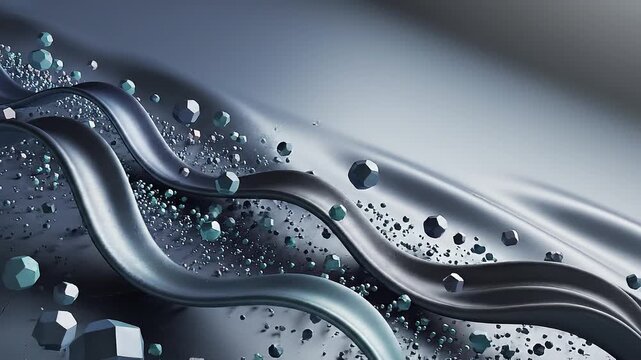 Flowing curves intertwine with scattered metallic shapes