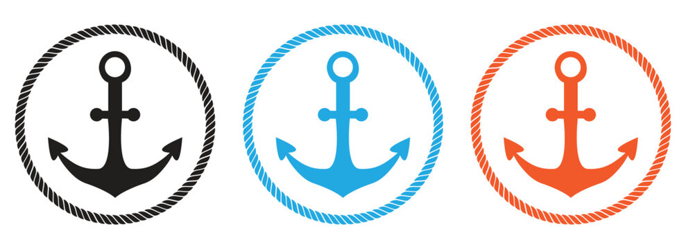Set of colorful anchor icons in rope circles for nautical themes