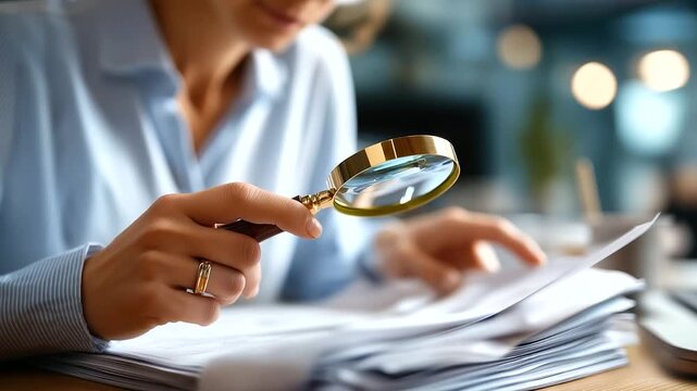 Accountants analyzing financial reports with magnifying glass document examination close up accounting and auditing office tasks business tax review fiscal compliance