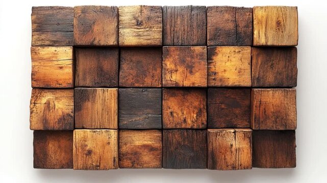 Textured Timber: A close-up view of meticulously arranged, rustic timber blocks, each bearing unique markings and tones, creating a visually compelling display of natural textures and earthy warmth.