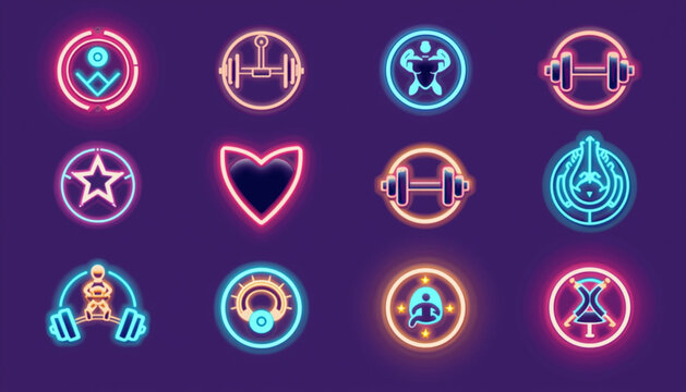 health A collection of neon fitness icons including workout symbols and exercise logos in a vibrant purple background