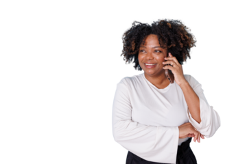 Happy black woman talking on smartphone, smiling, communicating, receiving a good phone call, transparent background
