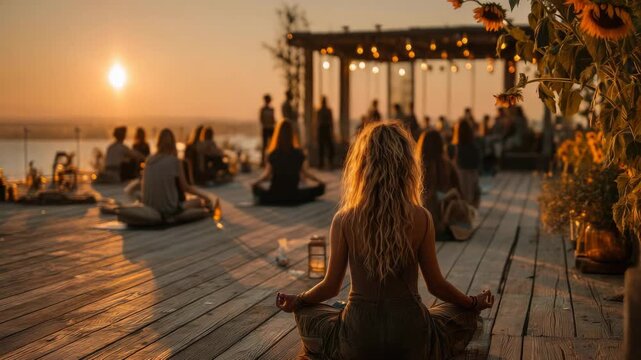Group meditating outdoors at sunset on a wooden deck with sunflowers and string lights