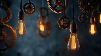 Vintage Edison light bulbs and gears hanging