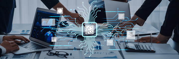 A modern office scene showcasing the integration of advanced technology with AI and data processing, highlighting collaboration and digital transformation in business. Trope