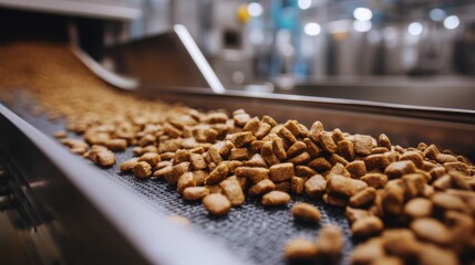 Obraz premium Automated conveyor system in pet food manufacturing facility.