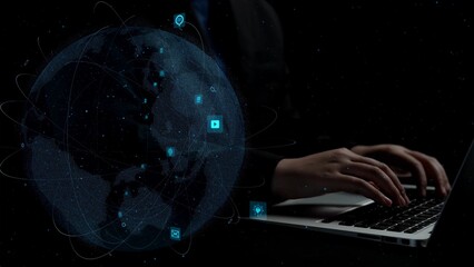 Engaging workspace scene with a person using a laptop, featuring a digital globe and icons representing communication, highlighting the essence of global connectivity in technology. Xenic