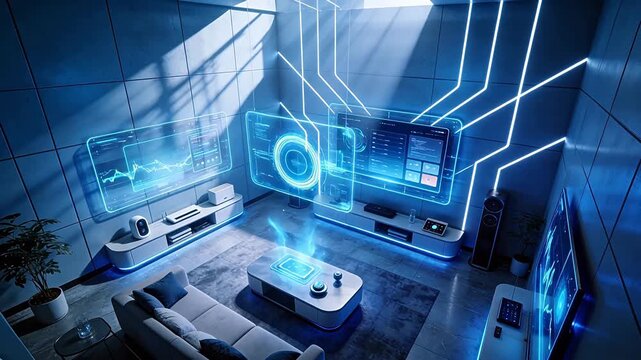 Futuristic living room with holographic displays