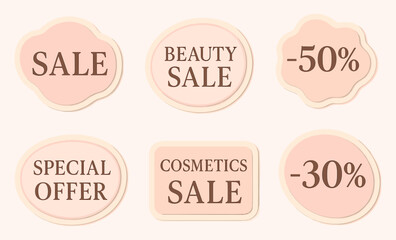 Beauty sale label collection in pastel colors. Set of cosmetic discount and special offer badges with soft shapes
