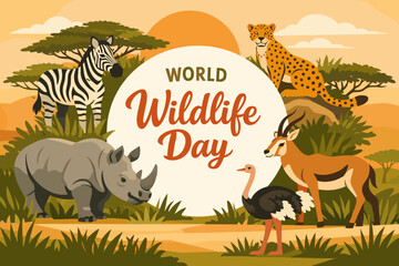 Fototapeta premium World wildlife day with african animals in savanna landscape. Theme of biodiversity protection and nature conservation